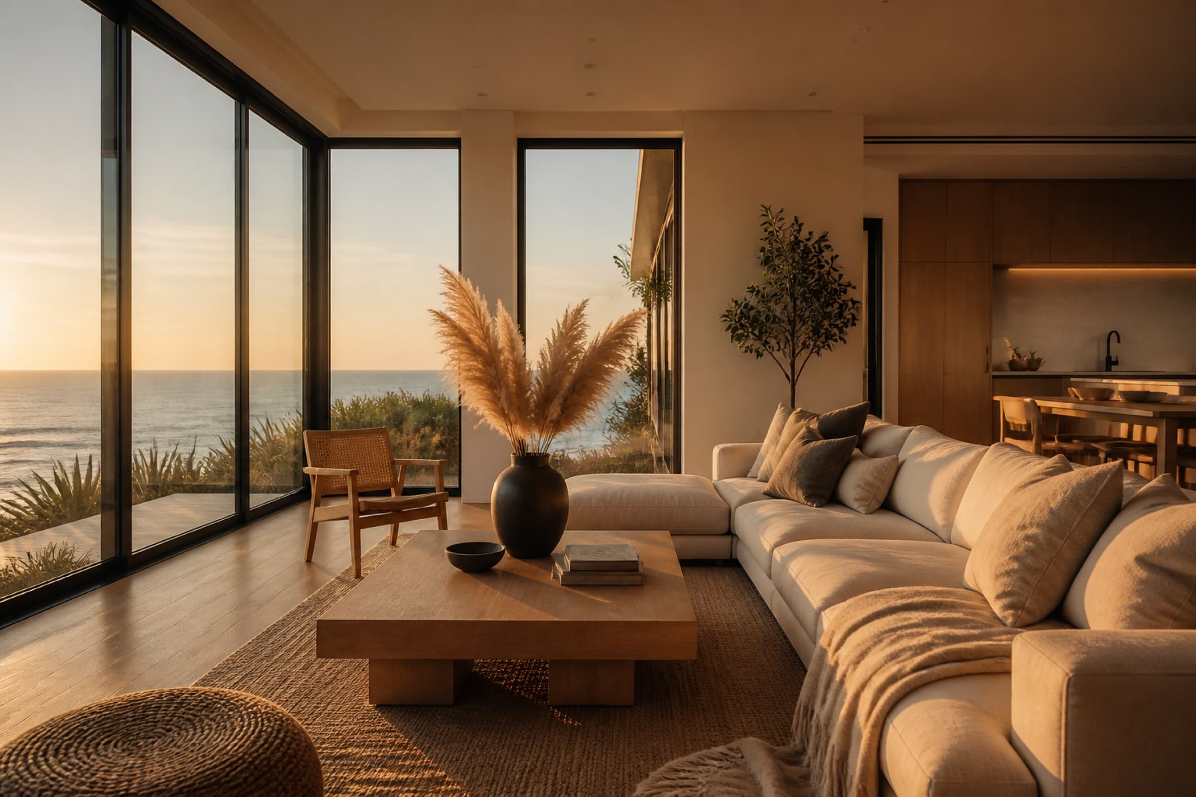 A sunlit coastal living room ready for guests
